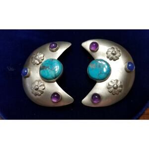 Vintage TULLA BOOTH Sterling silver & turquoise crescent shaped clip earrings